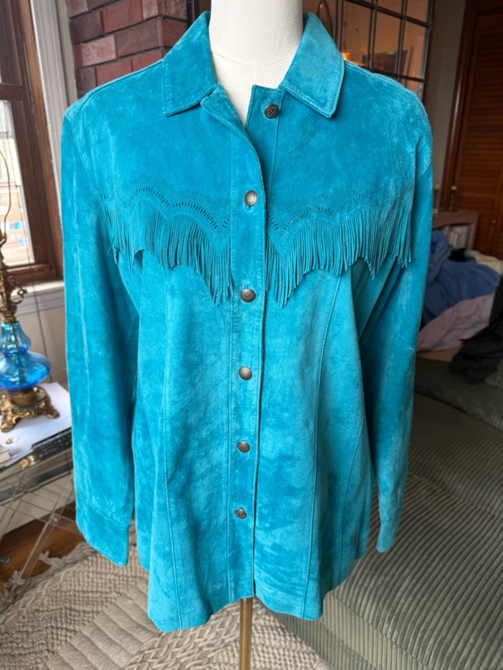 Chico's Turquoise Suede Fringe Button-Front Jacket